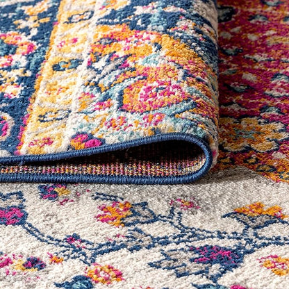 JONATHAN Y Boho Vintage Blue/Multi 4' Round Area Rug, Bohemian Flair Medallion, Floral Easy-Cleaning High Traffic for Living Room, Bedroom, Kitchen, Pet-Friendly, Non Shedding (BMF106A-4R)
