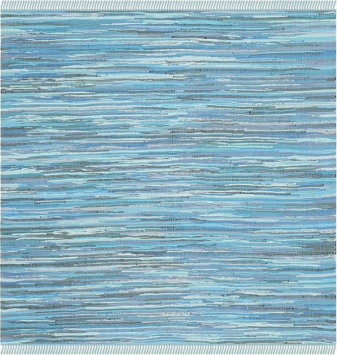 SAFAVIEH Rag Rug Collection Area Rug - 6' Square, Blue & Multi, Handmade Boho Stripe Cotton, Ideal for High Traffic Areas in Living Room, Bedroom (RAR121B)