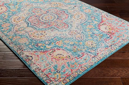 Livabliss Area Rugs - 5x7 Romaine Vintage Boho Navy Sky Blue Rose Area Rug for Living Room Bedroom - Floral Medallion Stain Resistant Carpet for Kitchen, Nursery, Office (5'3" x 7'6")