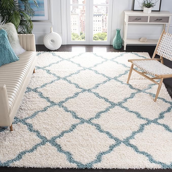 SAFAVIEH Dallas Shag Collection Area Rug - 10' x 14', Ivory & Light Blue, Trellis Design, Non-Shedding & Easy Care, 1.5-inch Thick Ideal for High Traffic Areas in Living Room, Bedroom (SGD257J)