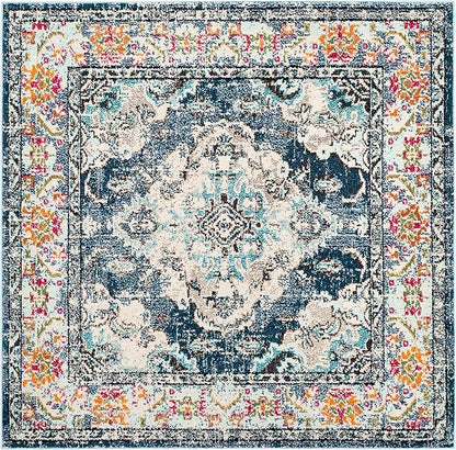 SAFAVIEH Monaco Collection Area Rug - 3' Square, Navy & Light Blue, Boho Chic Medallion Distressed Design, Non-Shedding & Easy Care, Ideal for High Traffic Areas in Living Room, Bedroom (MNC243N)