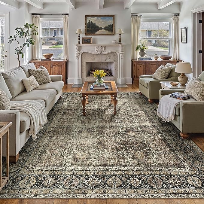 Vintage Area Rug 8x10 Brown Washable Living Room Large Carpet Non Slip Bedroom Indoor Office Low Pile Traditional Distressed Retro Accent Rug for Dining Room