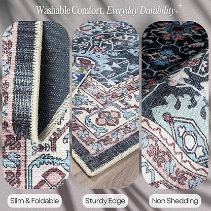 Fame Rugs Turkish Rug. Washable Vintage Oriental Antique Inspired Traditional Doormat Small Modern Area Rugs Luxury Entryway Entry Bedroom Bathroom Kitchen (409CN, 2'5 x 9'8)
