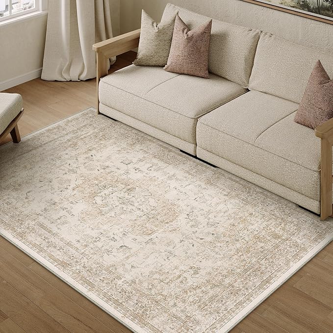 4x6 Washable Area Rug Beige Vintage Distressed Rug for Office Oriental Soft Thin Indoor Retro Carpet Non Slip Low Pile Floor Cover for Living Ding Room Bedroom Laundry