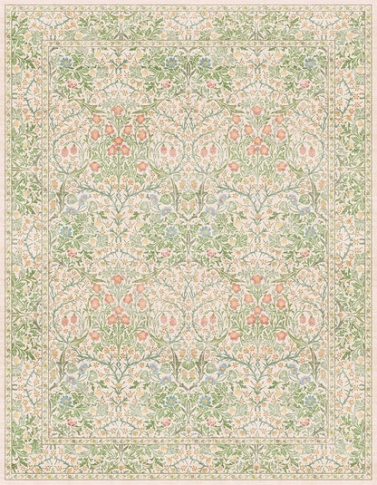 Light Beige Green Floral Living Room Rug, 7x9 Washable Area Rug for Kids Room, Bedroom, Nursery Room, Living Room, Dining Room, Low Pile Non-Slip - Vintage Design & Stain Resistance