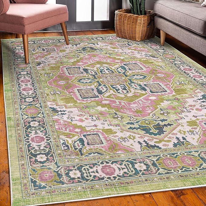 Ambesonne Ethnic Decorative Rug, Bohemian Retro Themed Floral Detail Cultural Abstract Shapes Flourish, Quality Carpet for Bedroom Dorm and Living Room, 4' X 5' 5", Pistachio Green Pink Teal