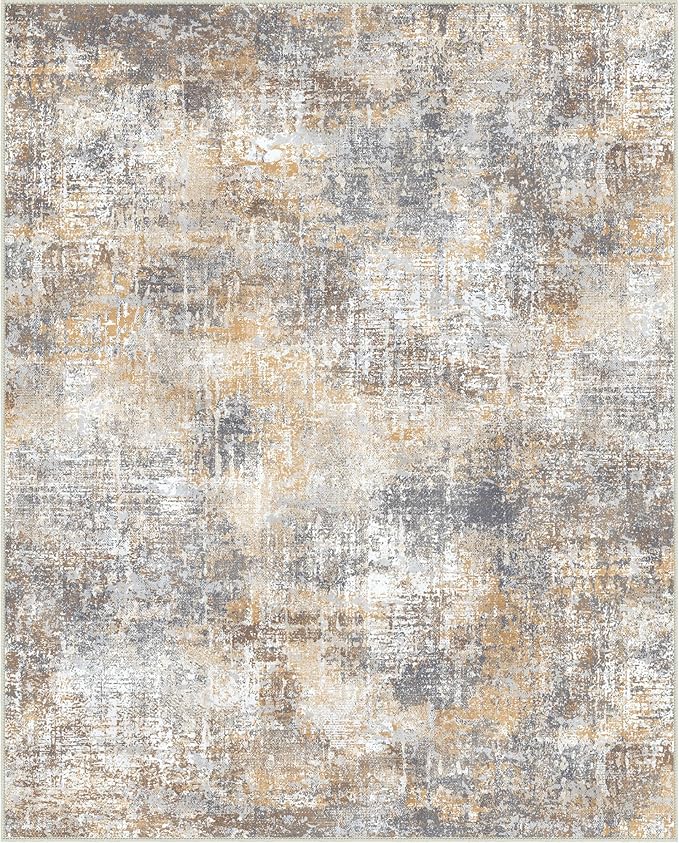 Bavni 9x12 Area Rugs Machine Washable Rug for Living Room, Modern Printed Rug Indoor Soft Area Rug for Bedroom Dining Room, Ultra-Thin Low Pile Carpet with Non Slip Rubber Backing, Ocher Gray