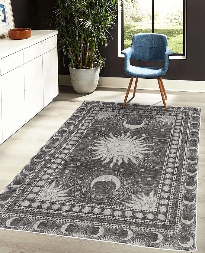 Ambesonne Sun and Moon Decorative Rug, Bohemian Artwork Design of Crescent Solar Ornament Esoteric Stars Ornaments, Quality Carpet for Bedroom Dorm and Living Room, 5' 1" X 7' 5", Dark Taupe