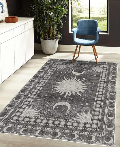 Ambesonne Sun and Moon Decorative Rug, Bohemian Artwork Design of Crescent Solar Ornament Esoteric Stars Ornaments, Quality Carpet for Bedroom Dorm and Living Room, 5' 1" X 7' 5", Dark Taupe