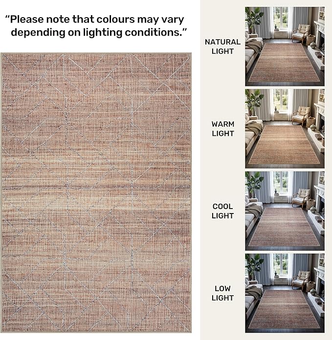 GLN Rugs Contemporary Collection - Machine Washable Area Rug, Contemporary Washable, Non Slip, Low Pile Chenille Rug, Living Room, Bedroom, Kitchen Rug (4' x 6' Terra/Brown)