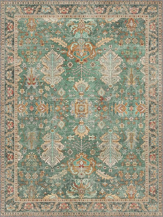 Bavni Washable Rug-9x12 Area Rugs for Bedroom Non-Slip, Ultra Thin Low Pile Living Room Rug, Modern Printed Decorative Rug for Dinning Room Office, Sage/Gold