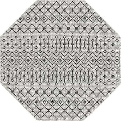 Unique Loom Outdoor Trellis Collection Area Rug - Tribal Trellis (5' 3" Octagon, Gray/ Black)