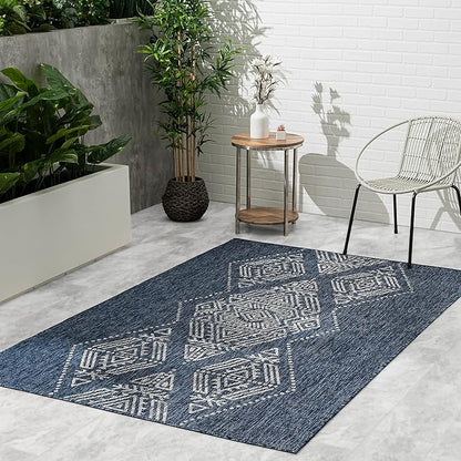 FH Home Outdoor Area Rug - Waterproof Easy to Clean Stain Resistant - Patio Indoor Outdoor Porch Deck Balcony Entryway - Boho Moroccan - Ariana - Blue - 7ft 10in x 10ft 9in