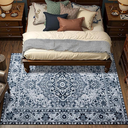 YJ.GWL Area Rugs for Living Room 5x7 Machine Washable Rugs, Non Slip Floral Vintage Rug Indoor Carpet, Stain Resistant Large Rug for Bedroom Dining Room, Navy Blue