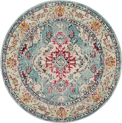 SAFAVIEH Monaco Collection Area Rug - 5' Round, Light Blue & Fuchsia, Boho Chic Medallion Distressed Design, Non-Shedding & Easy Care, Ideal for High Traffic Areas in Living Room, Bedroom (MNC243J)
