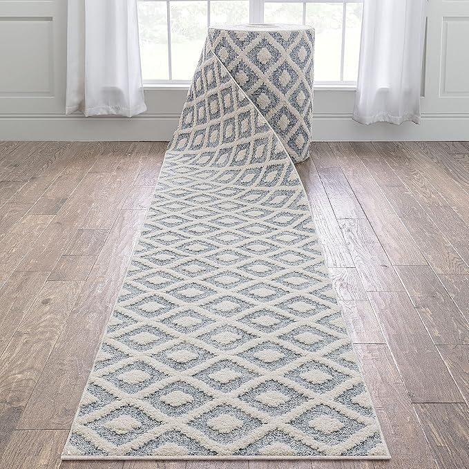 Well Woven Custom Size Runner - Choose Your Length - Ainsley Blue Diamond Trellis Geometric Tribal - 31 Inches Wide x 21 Feet Long Runner (31" x 21' Runner) Rug