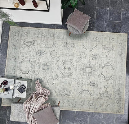 GLN Rugs Traditional Collection - Machine Washable Area Rug, Traditional Washable, Non Slip, Low Pile Chenille Rug, Living Room, Bedroom, Kitchen Rug (6' x 9' Cream/Gray/Sea Salt)
