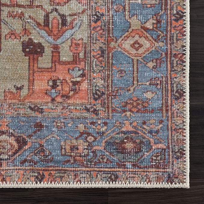Bloom Rugs Washable 7 ft Runner - Terracotta/Blue Traditional Runner for Entryway, Hallway, Bathroom, and Kitchen - Exact Size: 2.5' x 7'