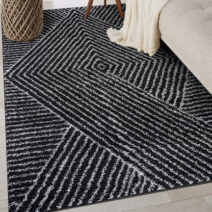 Rugshop Geometric Diamond Stripe Shag Area Rug Anthracite Dark Gray 4' x 6' Ideal for Small Living Rooms, Offices, or Beside The Bed