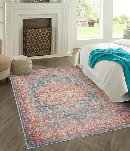 GLN Rugs Traditional Collection - Machine Washable Area Rug, Traditional Washable, Non Slip, Low Pile Chenille Rug, Living Room, Bedroom, Kitchen Rug (8' x 10' Terra/Green)