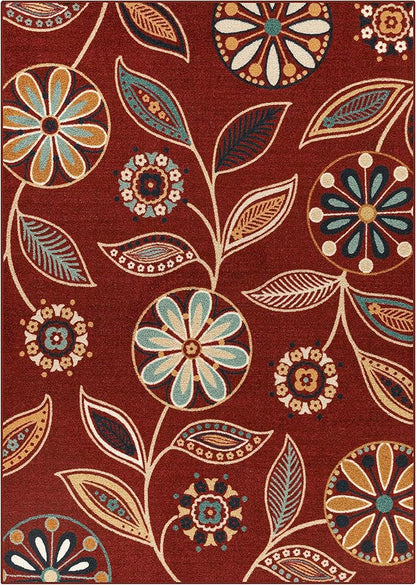 Maples Rugs Reggie Floral Area Rug - Made in USA - Low Pile, Non Slip, Pet-Friendly Mat for Living Room, Bedroom, and Office, 5' x 7', Merlot