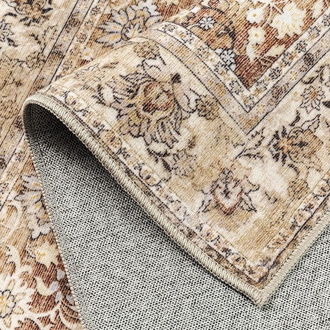 HUGEAR 6x9 Machine Washable Rugs Brown Beige Hallway Large Area Rug Indoor Accent Rug Floral Low Pile Carpet Soft Throw Aesthetic Rug Bedroom Living Room Office Dining Room Kitchen Laundry Room