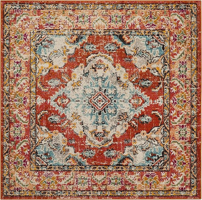 SAFAVIEH Monaco Collection Area Rug - 3' Square, Orange & Light Blue, Boho Chic Medallion Distressed Design, Non-Shedding & Easy Care, Ideal for High Traffic Areas in Living Room, Bedroom (MNC243H)