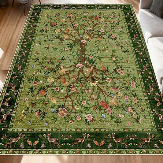 Green Rugs for Living Room 5x7 Area Rugs, Machine Washable Non-Slip Carpet, Boho Floral Low Pile Throw Rugs for Bedroom, Dining Room, Office, Nursery, Vintage Home Decor