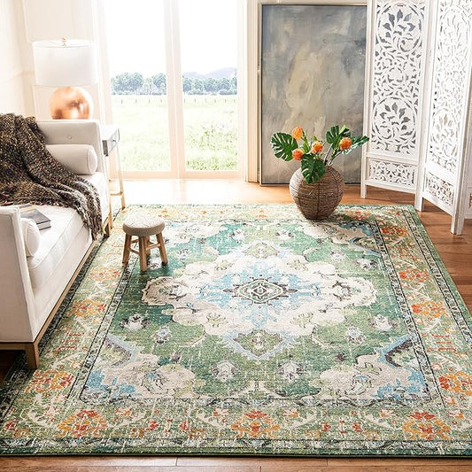 SAFAVIEH Monaco Collection X-Large Area Rug - 12' x 15', Forest Green & Light Blue, Medallion Distressed, Non-Shedding & Easy Care, Ideal for High Traffic Areas in Living Room, Bedroom (MNC243F)