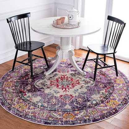 SAFAVIEH Monaco Collection Area Rug - 6'7" Round, Violet & Fuchsia, Boho Chic Medallion Distressed Design, Non-Shedding & Easy Care, Ideal for High Traffic Areas in Living Room, Bedroom (MNC243P)