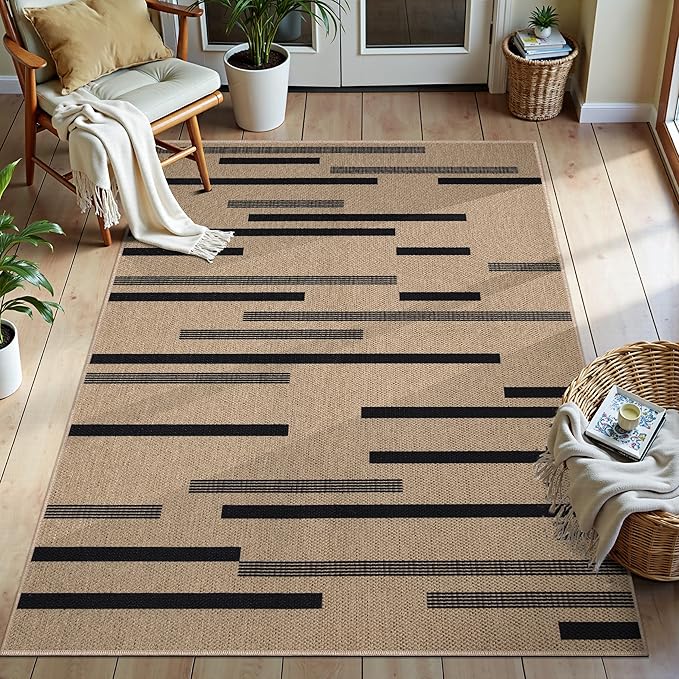 Tangsoo Stripe Easy Jute Rug,Ultra Thin 3x5 Washable Area Rug for Bedroom,Non-Slip Black Indoor Outdoor Rug Modern Low Pile Carpet Farmhouse Non Shedding Mat for Patio Backyard Entryway