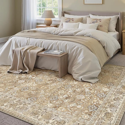 HUGEAR 8x10 Machine Washable Rugs Brown Beige Hallway Large Area Rug Indoor Accent Rug Floral Low Pile Carpet Soft Throw Aesthetic Rug Bedroom Living Room Office Dining Room Kitchen Laundry Room