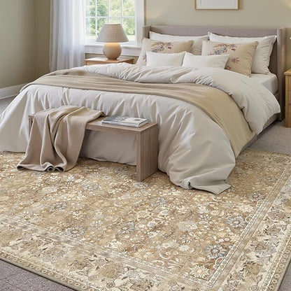 HUGEAR 5x7 Machine Washable Rugs Brown Beige Hallway Area Rug Indoor Accent Rug Floral Low Pile Carpet Soft Throw Aesthetic Rug Bedroom Living Room Office Dining Room Kitchen Laundry Room Non Slip
