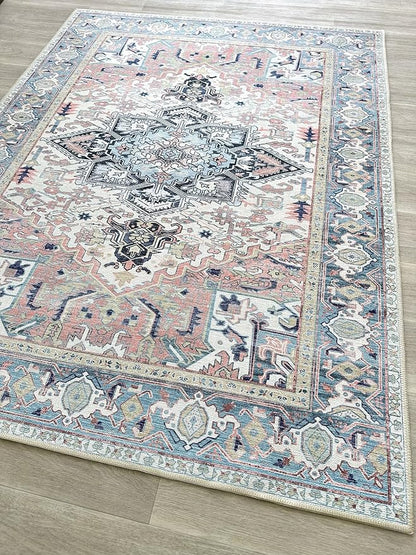 Fame Living Faded Oushak Rug, Turkish Vintage Floral Pastel Large Oversized Area Rugs for Living Room Dining Bedroom Kitchen Bathroom Nursery (848CrNv, 2' x 3')