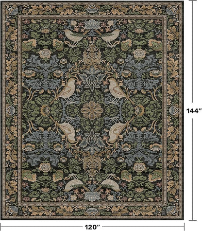 Botanical Brown Rug for Living Room - Washable 10x12 Area Rug for Dining Room Under Table, Extra Large Bedroom - Boho Bird Farmhouse Decor, Soft Low PileNon-Slip & Stain Resistance