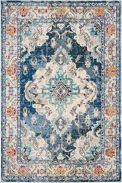 SAFAVIEH Monaco Collection Accent Rug - 4' x 5'7", Navy & Light Blue, Medallion Distressed Design, Non-Shedding & Easy Care, Ideal for High Traffic Areas in Entryway, Living Room, Bedroom (MNC243N)