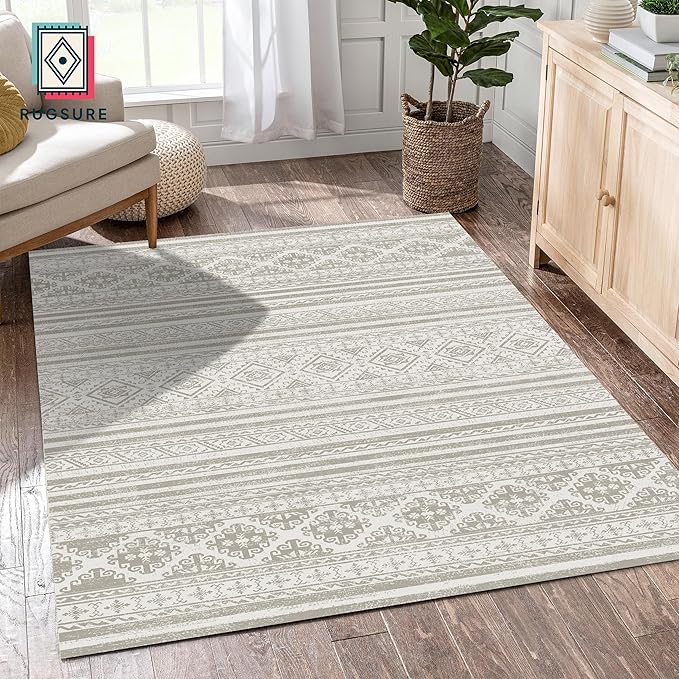 RUGSURE Washable Area Rugs 3' x 5 ' - 1/6 Thick - Moroccan-Inspired -Stain & Water Resistant Non-Slip - Resistant Rug for Living Room, Bedroom, Nursery, Pet & Child Friendly (Grey)