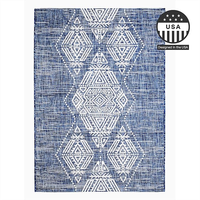 FH Home Outdoor Rug - Waterproof Easy to Clean Stain Resistant - Patio Indoor Outdoor Porch Deck Balcony Entryway - Boho Moroccan - Ariana - Blue - 5ft 2in x 7ft 6in