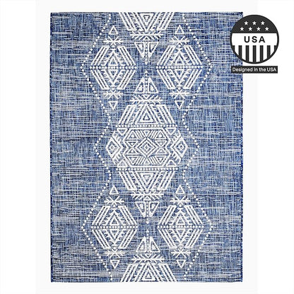 FH Home Outdoor Area Rug - Waterproof Easy to Clean Stain Resistant - Patio Indoor Outdoor Porch Deck Balcony Entryway - Boho Moroccan - Ariana - Blue - 7ft 10in x 10ft 9in
