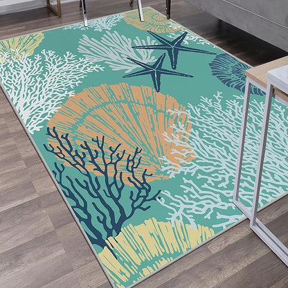 Tritard Coastal Area Rugs Nautical Beach Themed Non-Slip Machine Washable Rugs Modern Floor Carpet for Living Room Bedroom, 5x7, Teal and Turquoise