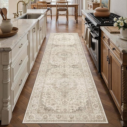 HUGEAR 2x8 Runner Rug Hallway Vintage Brown Machine Washable Neutral Floral Low Pile Carpet Vacuumable Thin Long Throw Rug Bedroom Office Bathroom Kitchen Laundry Non Slip Soft Lightweight
