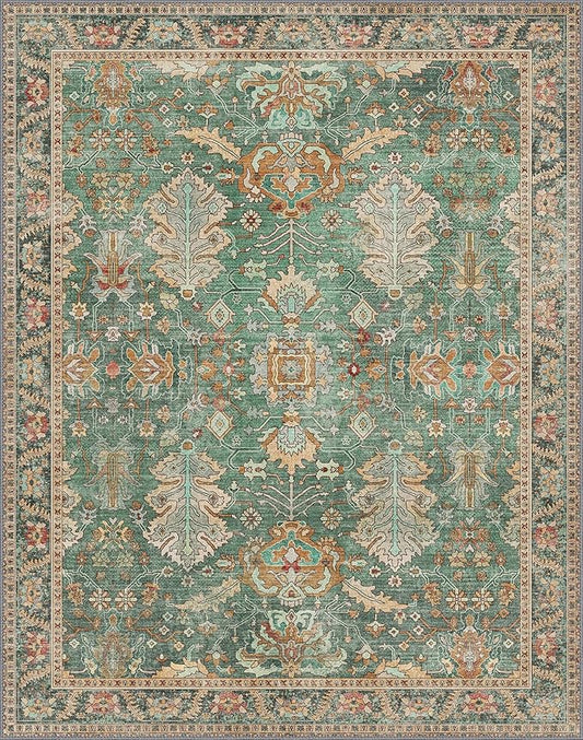 Bavni Living Room Rug, Modern Area Rugs 5x7 Non-Slip Washable, Chenille Printed Vintage Rugs for Bedroom Dinning Room Office, Sage/Gold