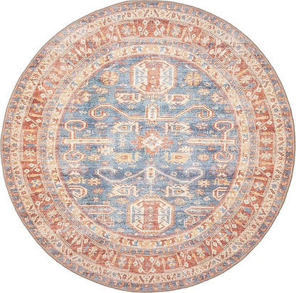 GLN Rugs Traditional Collection - Machine Washable Area Rug, Traditional Washable, Non Slip, Low Pile Chenille Rug, Living Room, Bedroom, Kitchen Rug (5'3" Round Terra/Slate Blue)