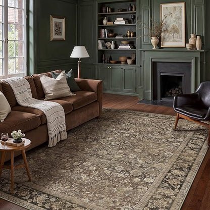 HUGEAR 10x14 Machine Washable Rugs Brown Hallway Large Area Rug Indoor Accent Rug Floral Low Pile Carpet Soft Throw Aesthetic Rug Bedroom Living Room Office Dining Room Kitchen Laundry Room