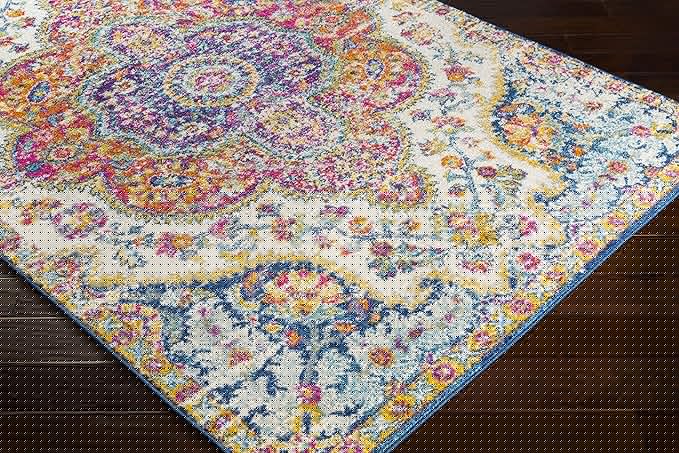Livabliss Area Rugs - 8ft Round Romaine Vintage Boho Fuchsia Mustard Blue Round Area Rug for Living Room Bedroom - Floral Medallion Stain Resistant Carpet for Kitchen, Nursery, Office (7'10" Round)