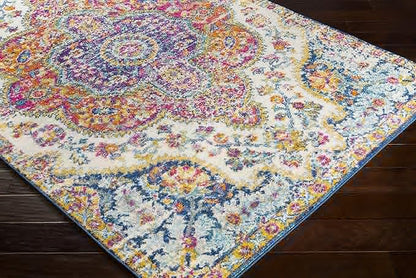 Livabliss Area Rugs - 8ft Round Romaine Vintage Boho Fuchsia Mustard Blue Round Area Rug for Living Room Bedroom - Floral Medallion Stain Resistant Carpet for Kitchen, Nursery, Office (7'10" Round)