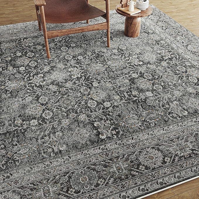 Black Runner Rug 2'6"x14' Vintage Area Carpet Hallway Long Indoor Kitchen Washable Living Room Low Pile Traditional Distressed Retro Accent Rug Non Slip Laundry Bathroom Office Dining Room