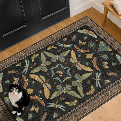 Black Front Door Mat Indoor Entrance Non Slip Washable - 3x4 Throw Rug for Kitchen, Mudroom, Bedroom Bedside, Insect Boho Vintage Aesthetic Décor