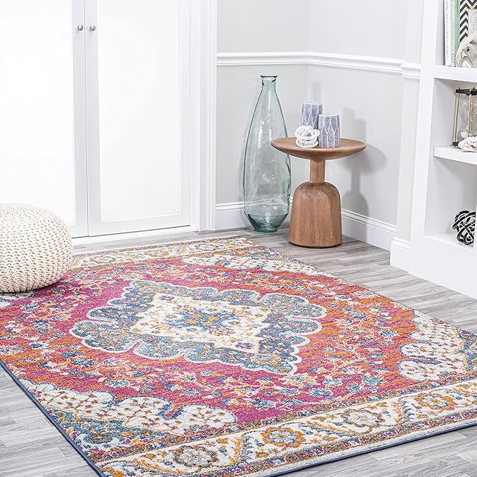 JONATHAN Y Boho Vintage Fuchsia/White Indoor Area Rug, 8x10, Bohemian Flair Medallion, Floral Easy-Cleaning High Traffic for Living Room, Bedroom, Kitchen, Pet-Friendly, Non-Shedding (BMF106C-8)