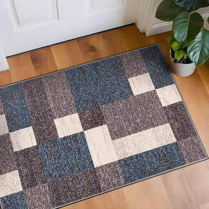 Rugshop Contemporary Blue Geometric Boxes Non-Slip Area Rug Non-Shedding for Living Room, Dining Room and Office, 20" x 30"